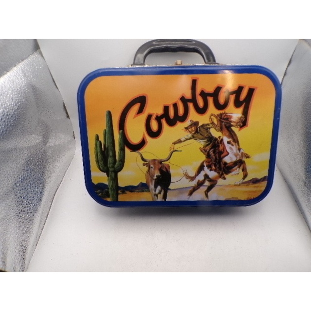 Vintage Cowboy Happy Trails Metal Lunch Box Western Tin Blue Retro Storage Box